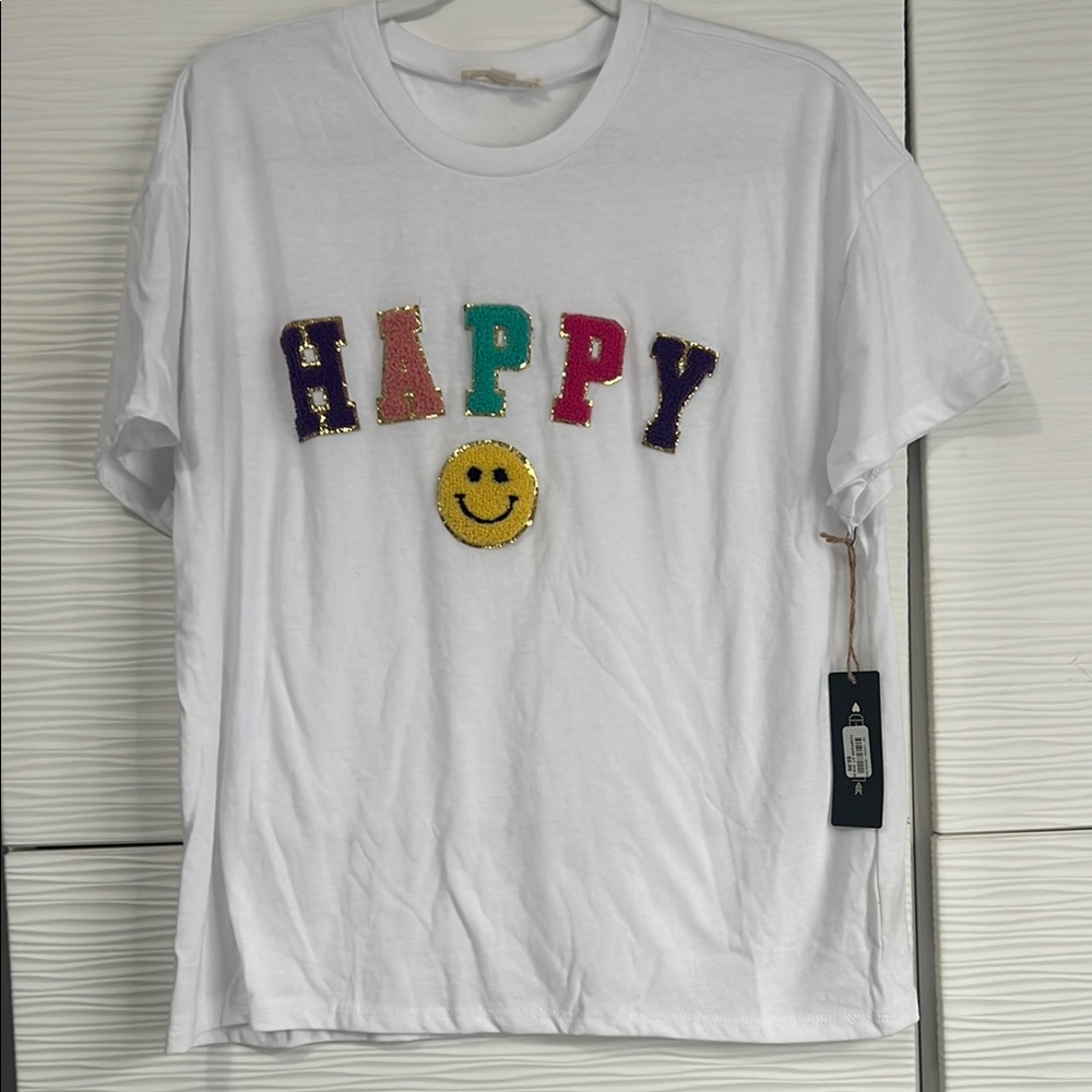 NWT Love dazed Medium & Small women’s White T-Shirt with Colorful 'HAPPY' Design